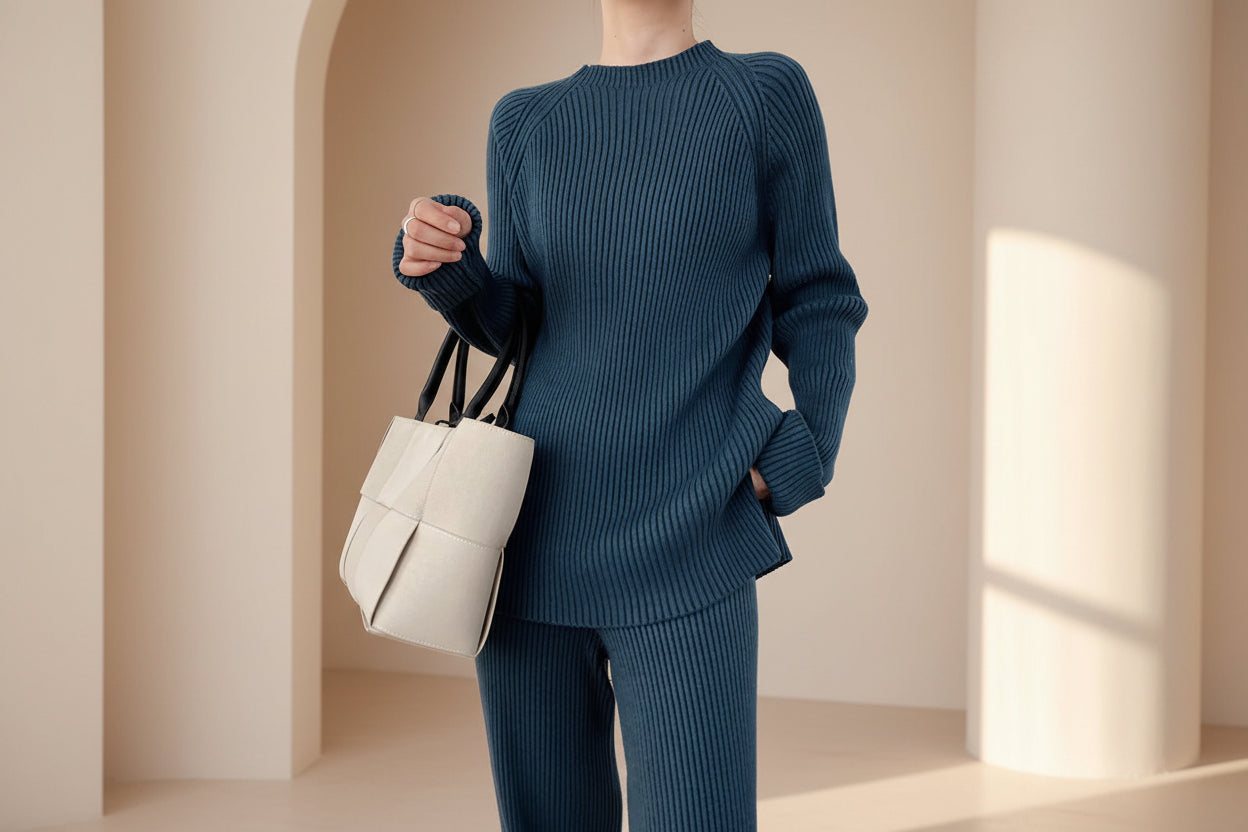 Slit Knit Sweater & Wide Leg Pants Set — Detail View 8