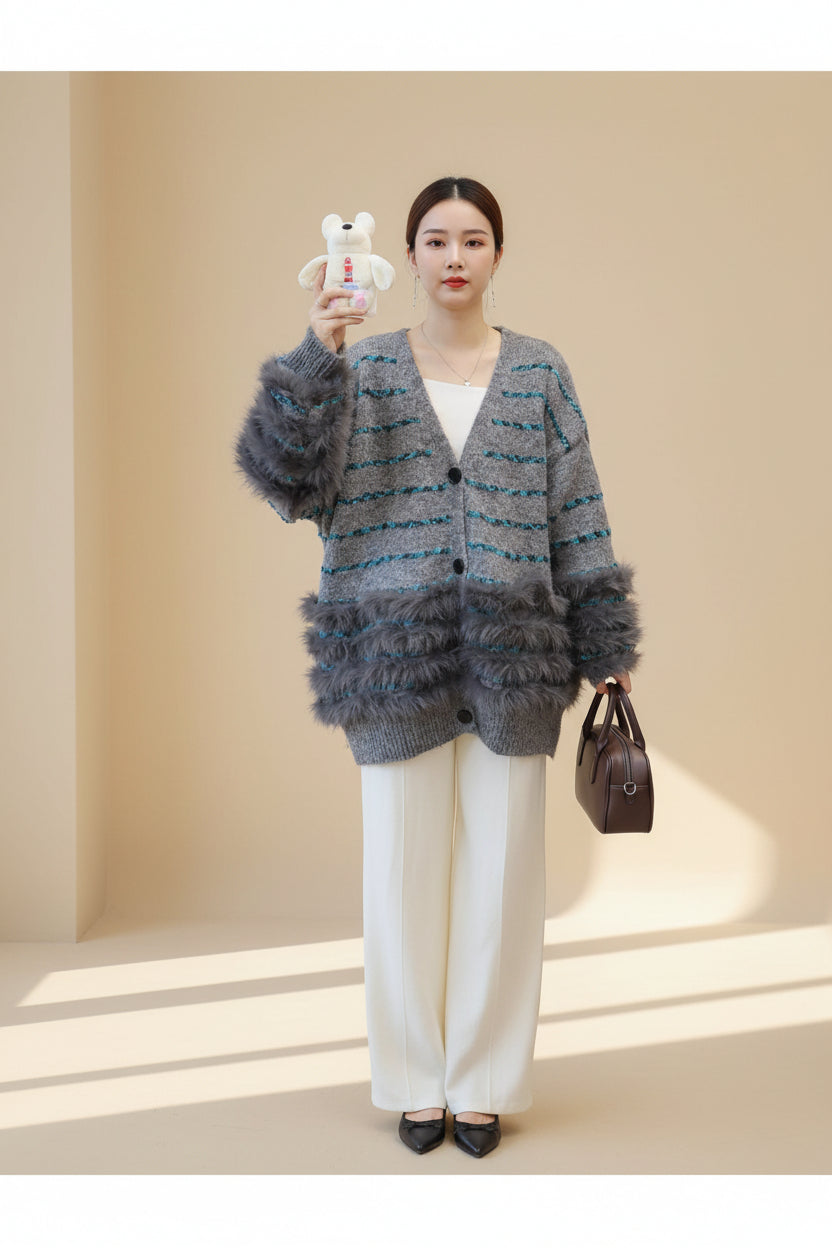 ELNOVÉ Fuzzy Striped Knit Cardigan