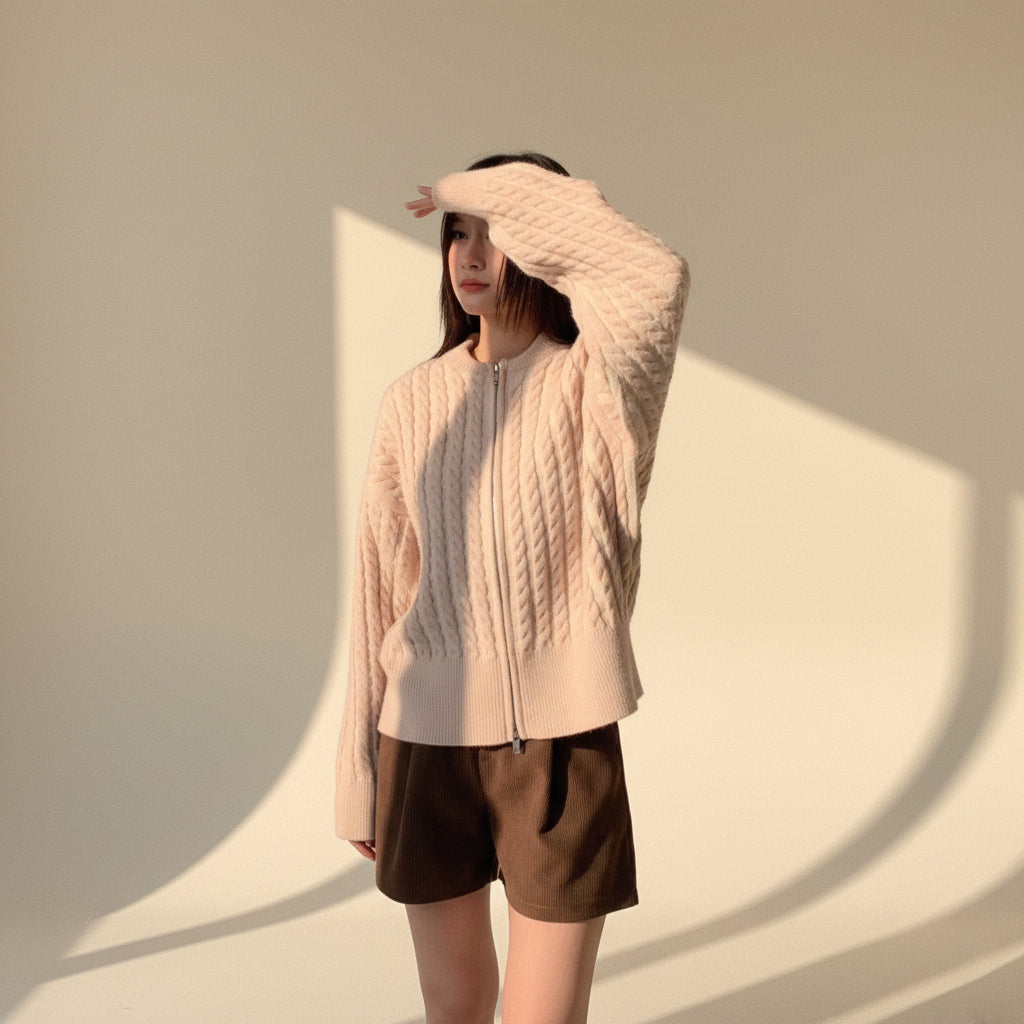 ELNOVÉ Color-Block Stripe Cable Knit Zip Cardigan