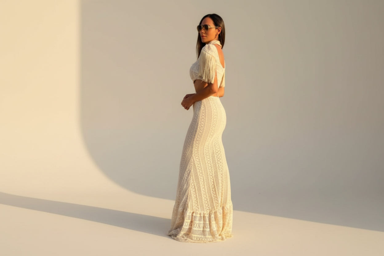 Tassel Sleeve Turtleneck Crochet Maxi Dress — detail view