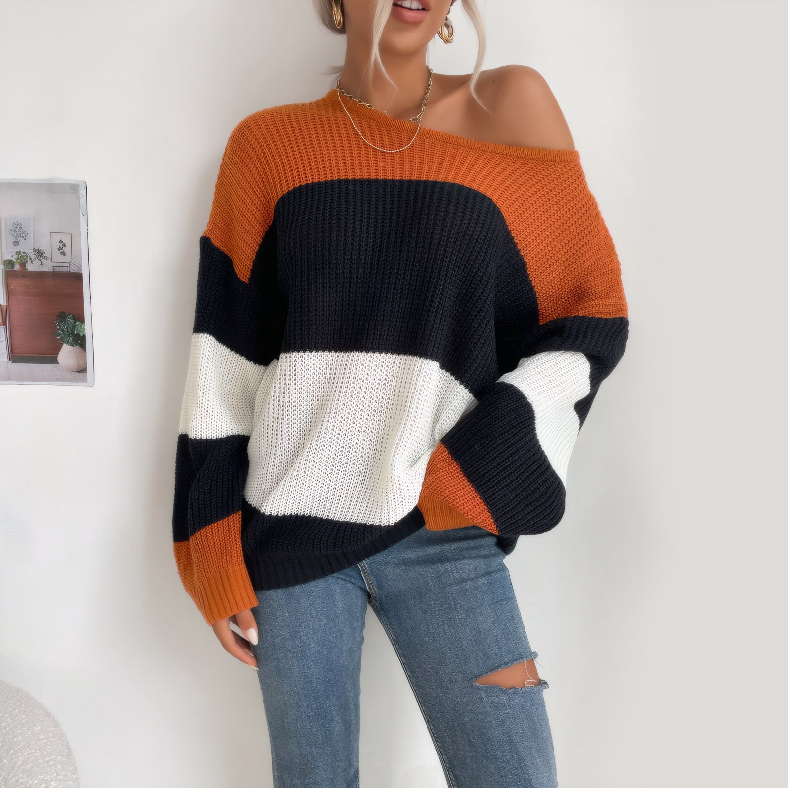 Pull en maille col rond, blocs de couleur