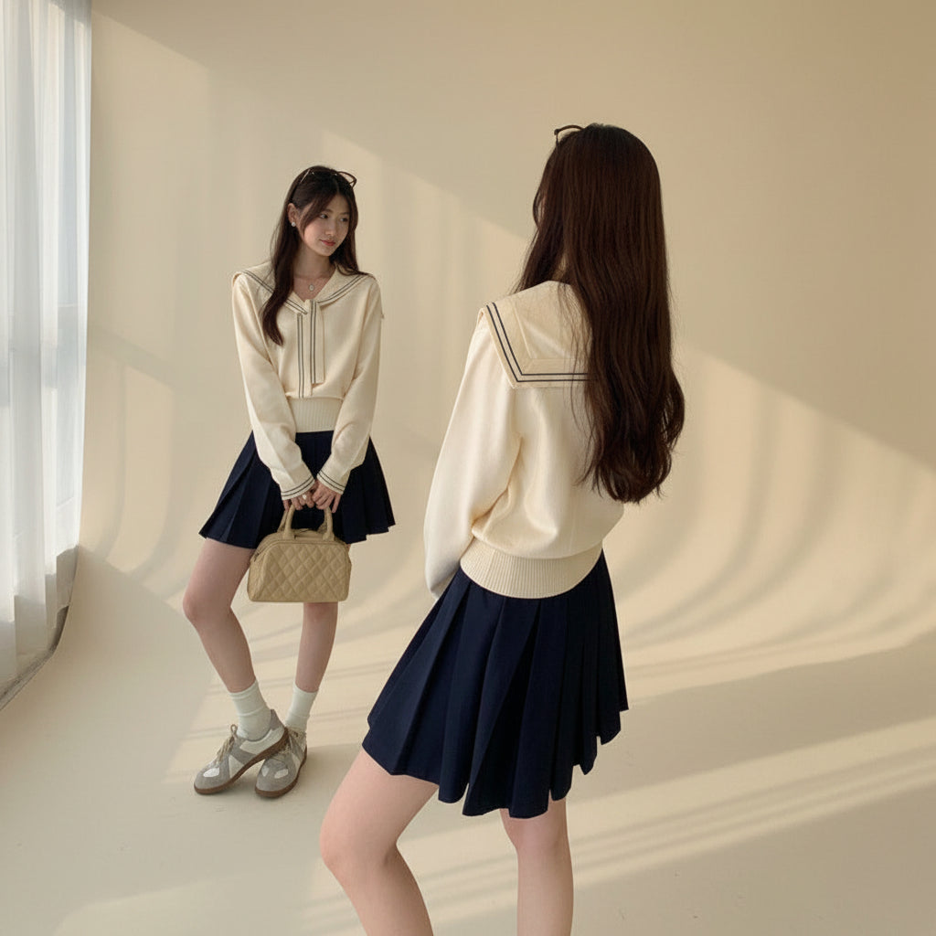 ELNOVÉ Navy Collar Tie-Neck Knit Sweater