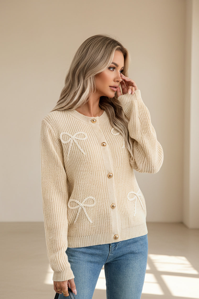 Chiffon-Trim Knit Cardigan Coat — Detail View 1