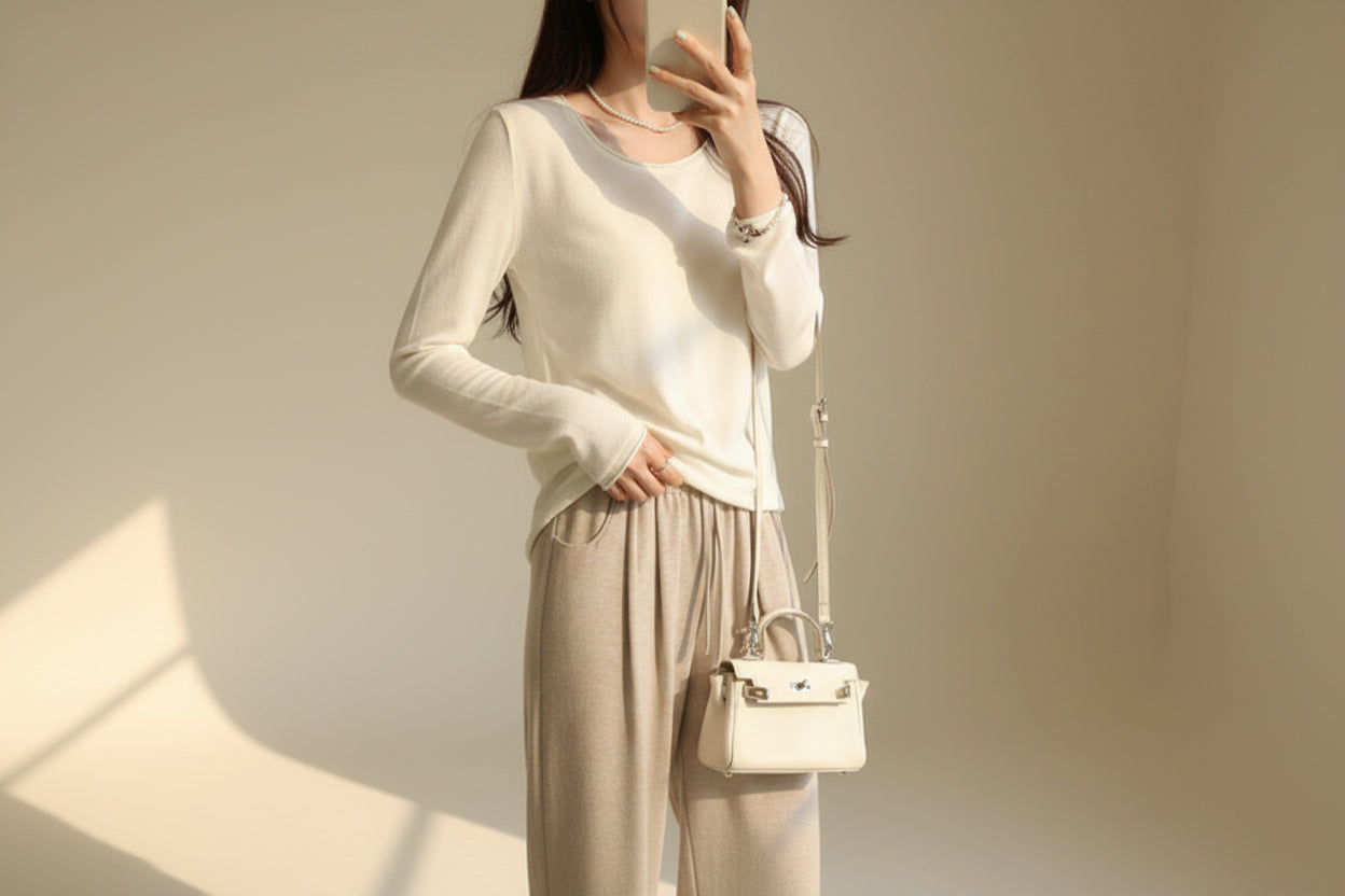 Round Neck Long Sleeve Knit Tee — Back View