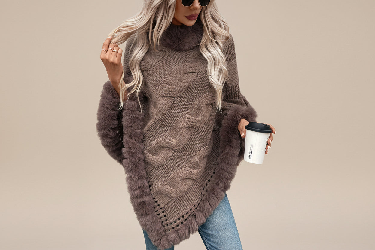 Fuzzy Hem Cable-Knit Poncho — Front View
