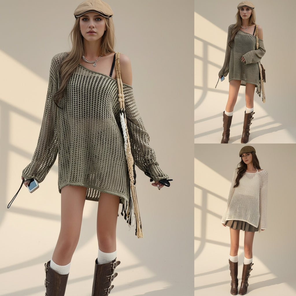 Diamond Openwork Round Neck Knit Cover-Up — alternate angle