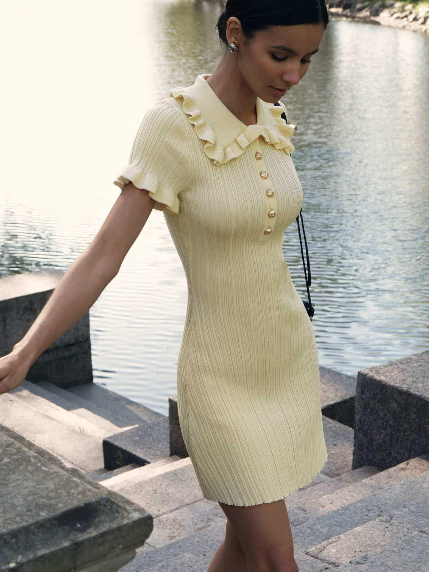 ruffle-trim polo knit dress#Color_Yellow