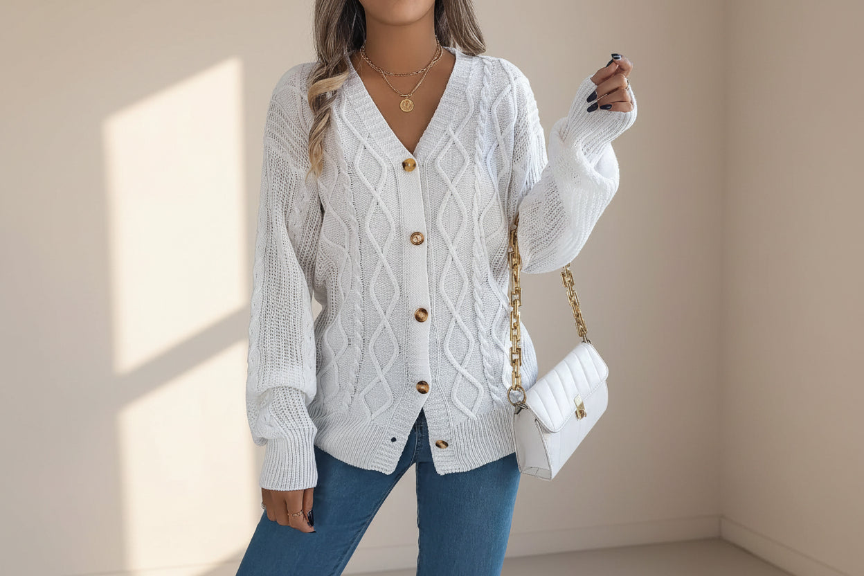 Cable-Knit Long Sleeve Cardigan — Styling Detail
