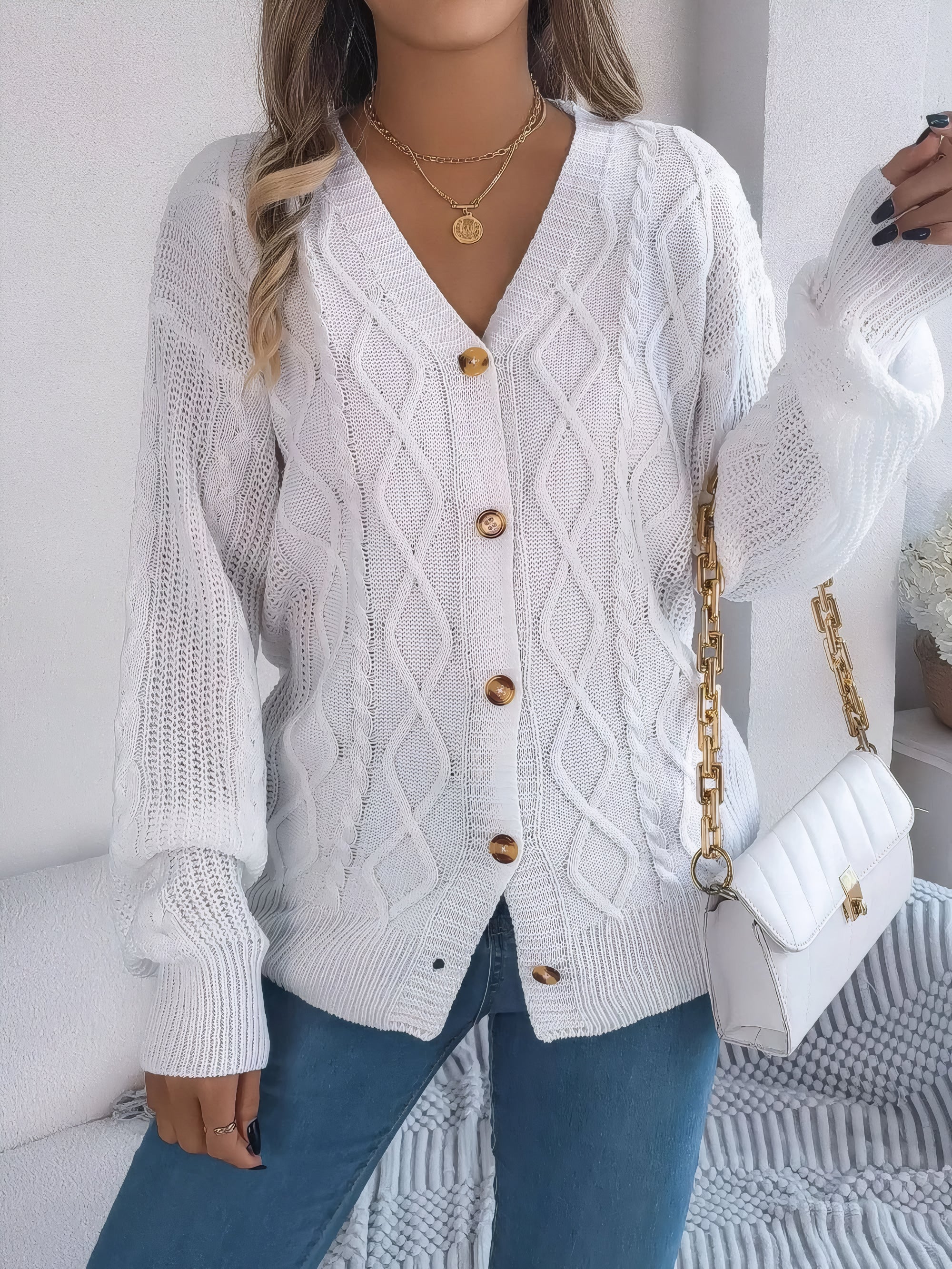 cable-knit V-neck cardigan #Color_White