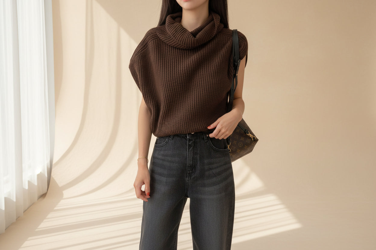 High Neck Ribbed Knit Vest — Detail View