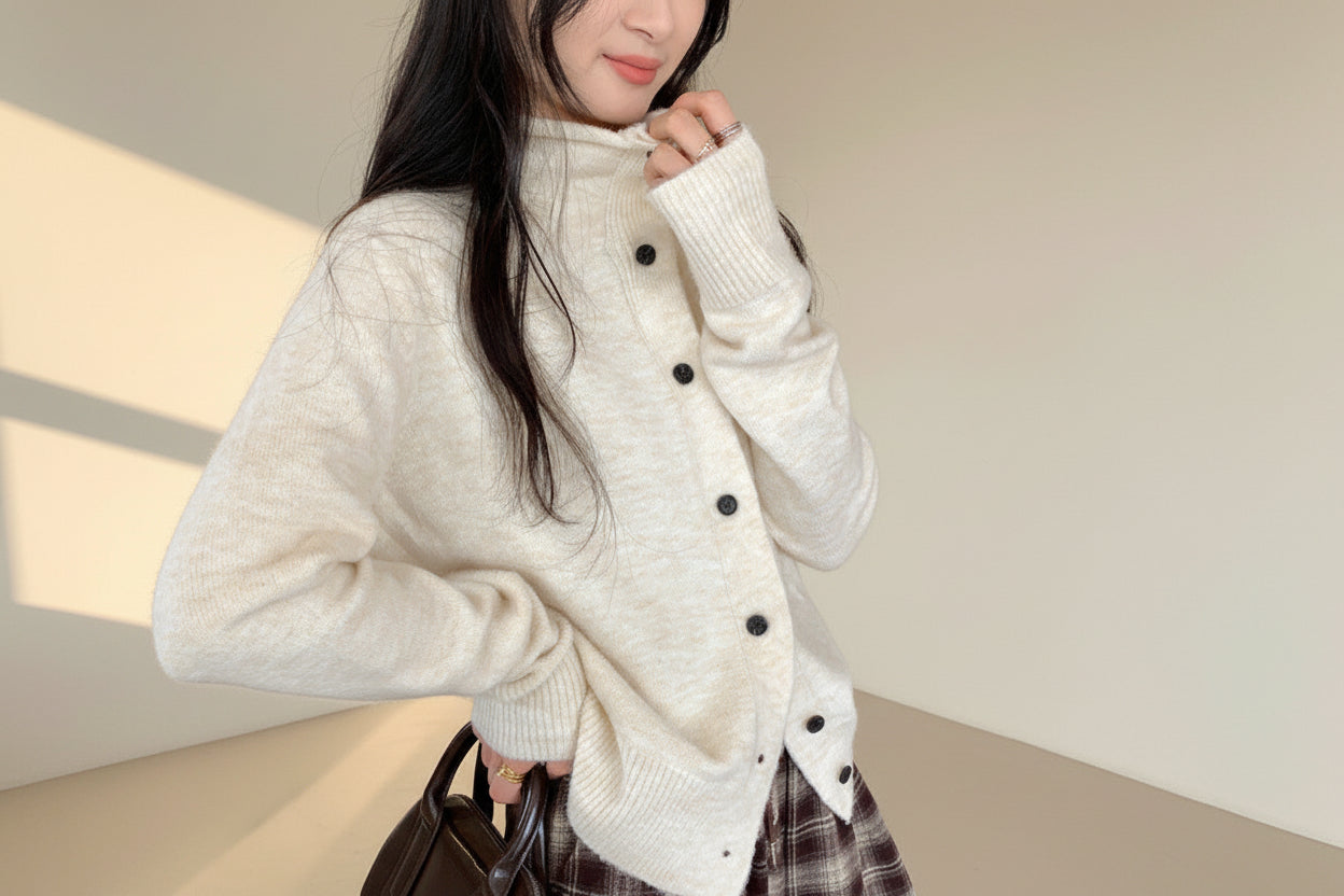 Relaxed High Neck Knit Cardigan — Front View