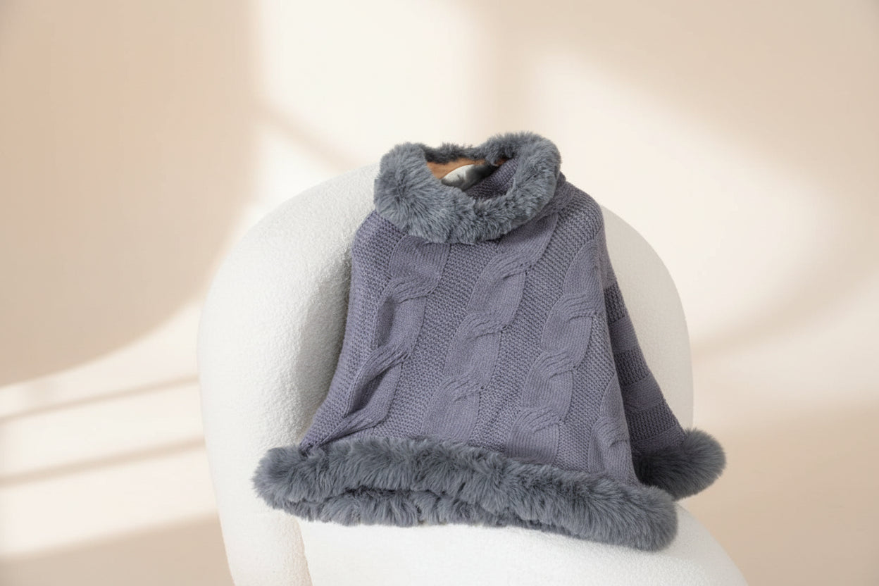 Fuzzy Hem Cable-Knit Poncho — Detail View 15