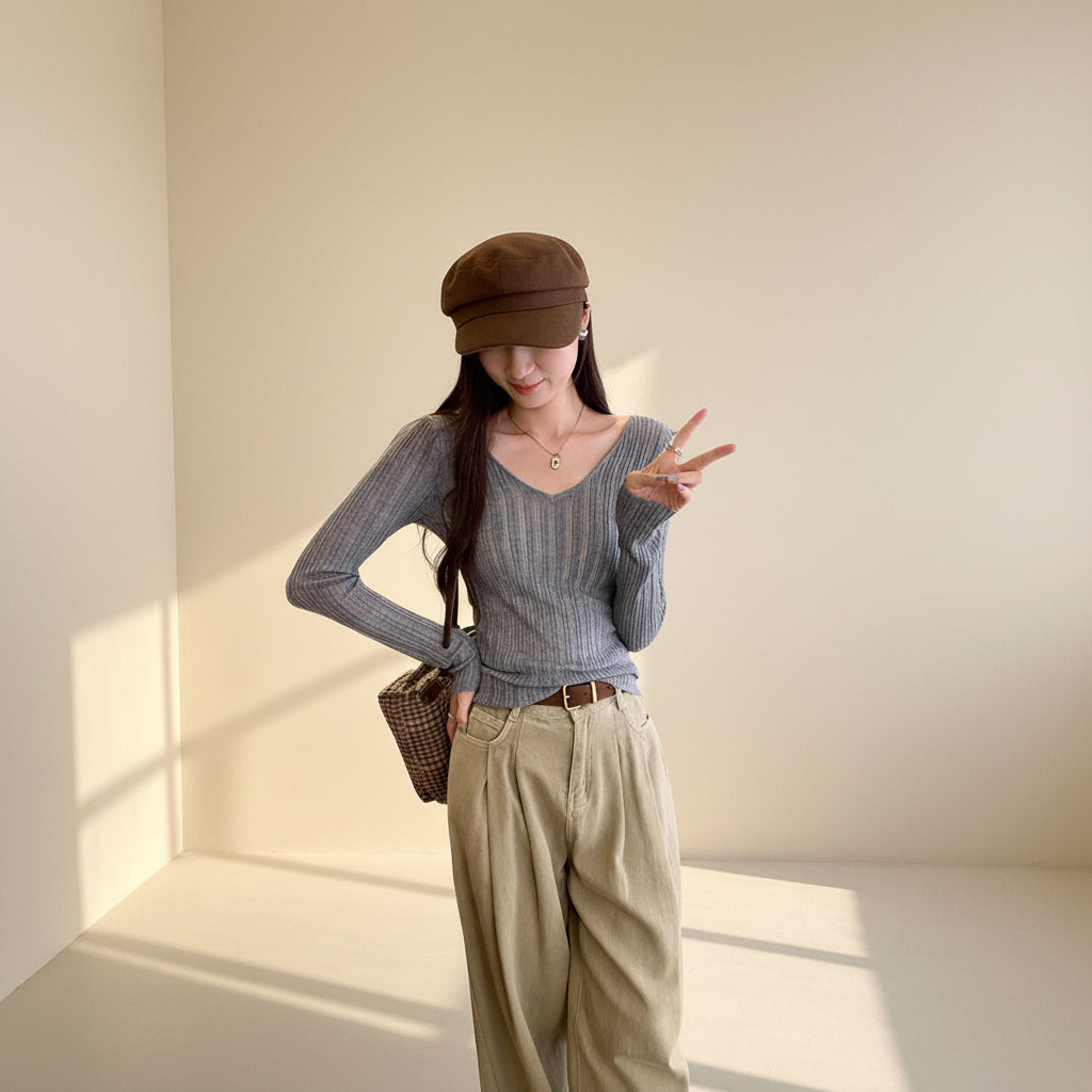 V-Neck Openwork Knit Top — Front View