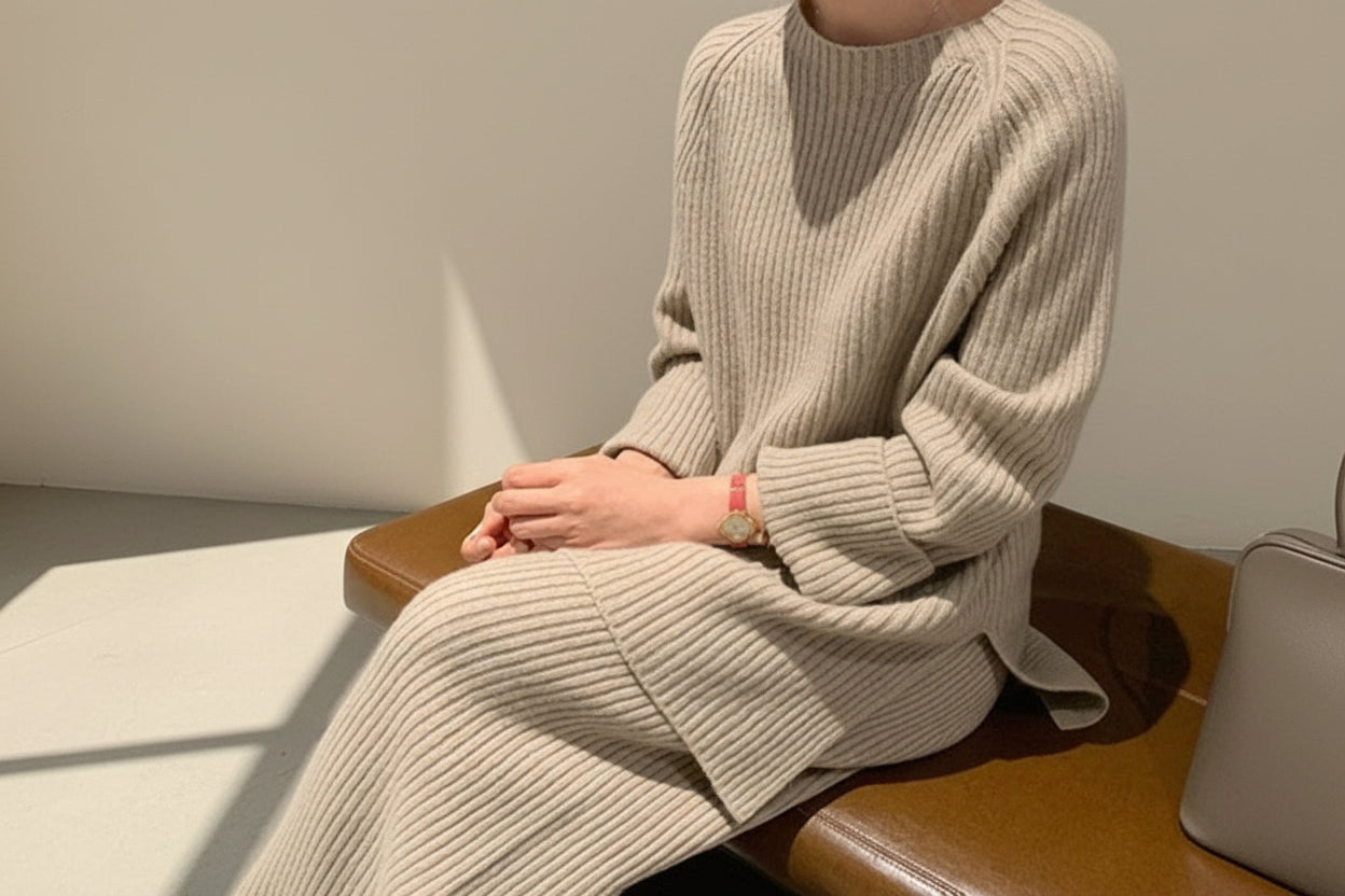 Crew Neck Knit Sweater & Wide Leg Pants Set — Back View