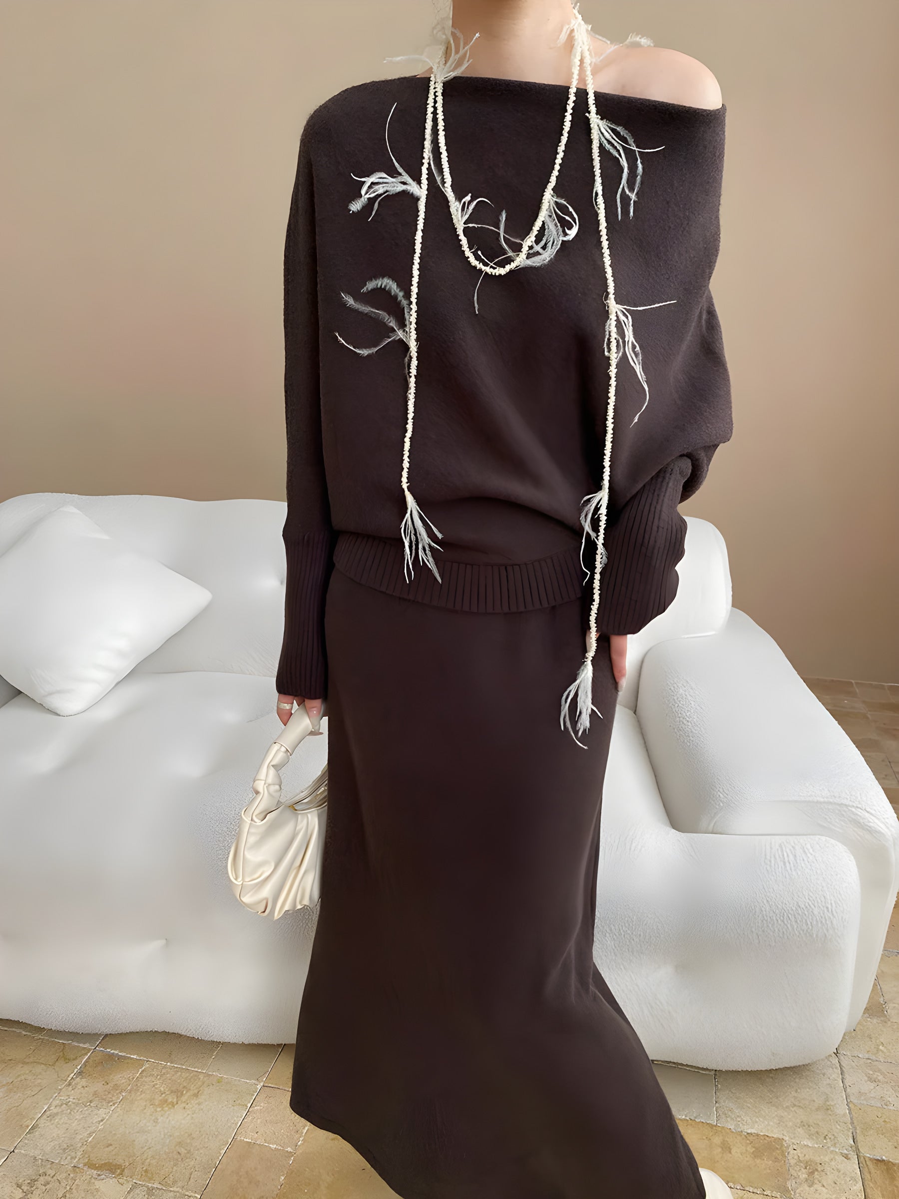 batwing off-shoulder knit two-piece set#Color_Brown