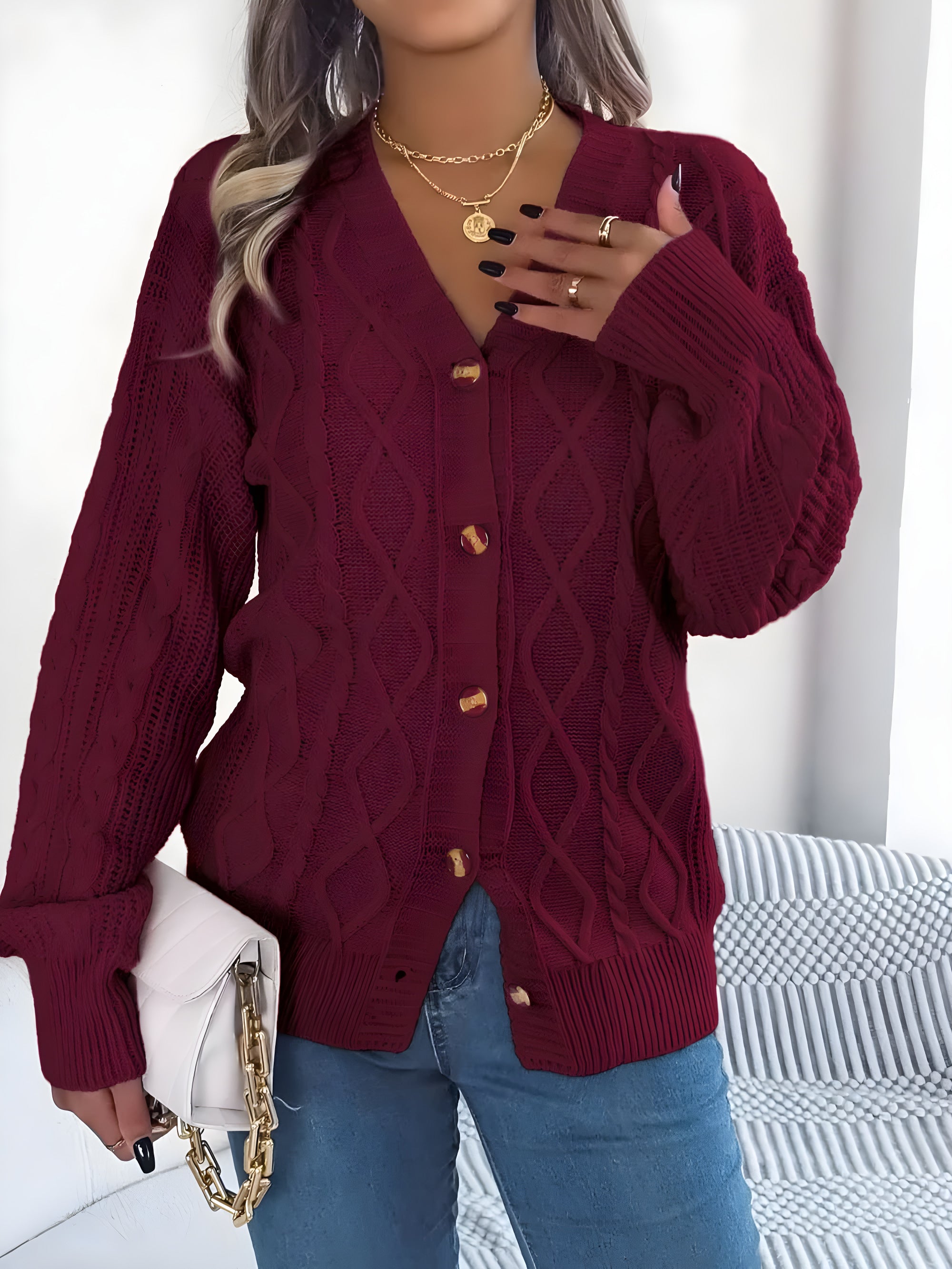 cable-knit V-neck cardigan #Color_Burgundy