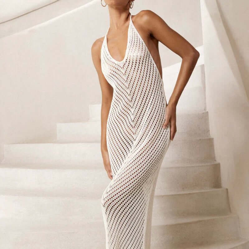 Fleur Halter Openwork Knit Cover-Up#Color_White