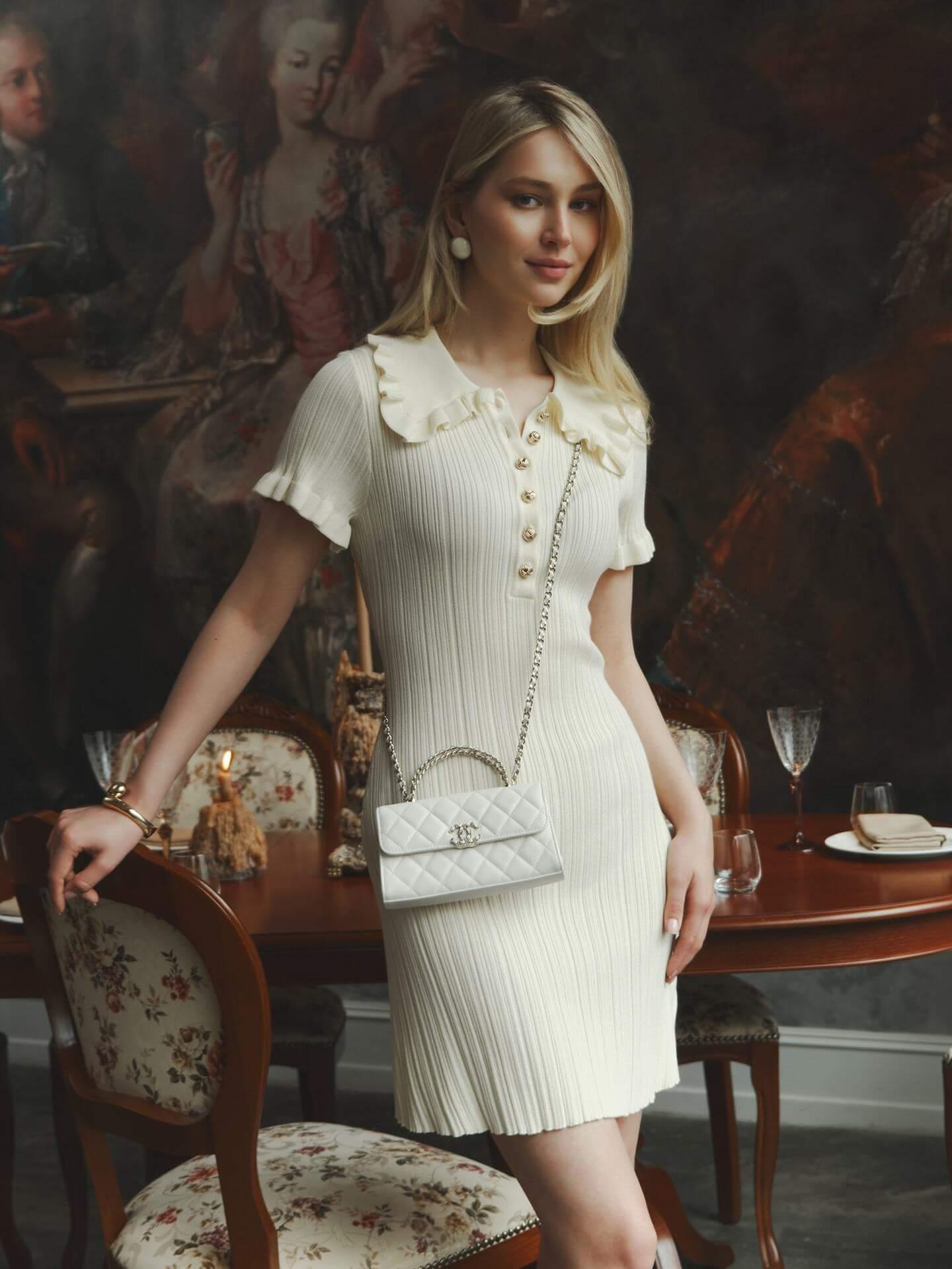 ruffle-trim polo knit dress#Color_White