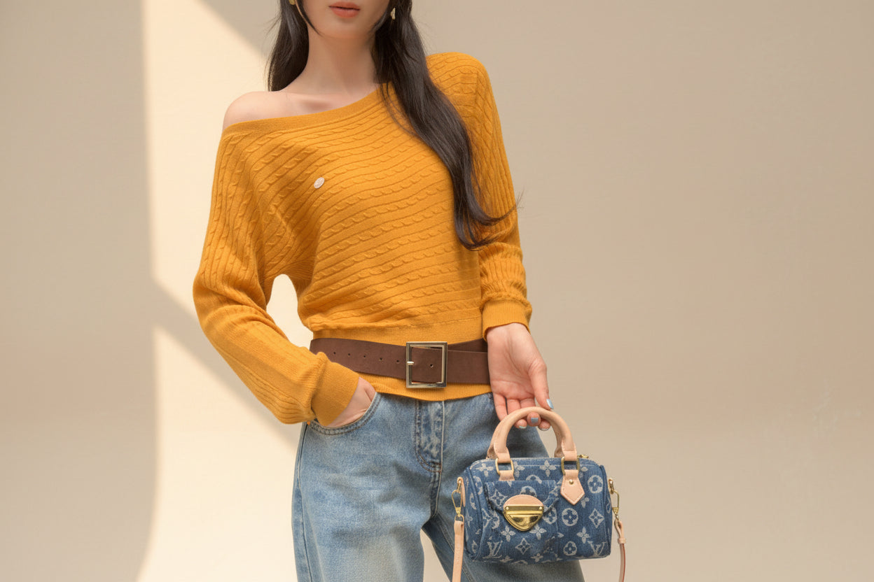 ELNOVÉ Off-Shoulder Cable Knit Sweater