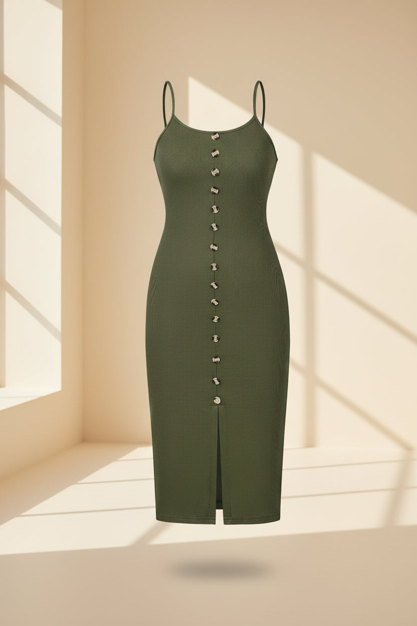 Ribbed Knit Button-Detail Slit Midi Dress — side view