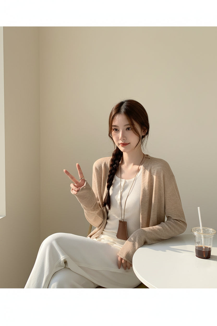 Relaxed Open-Front Knit Cardigan — Detail View 4