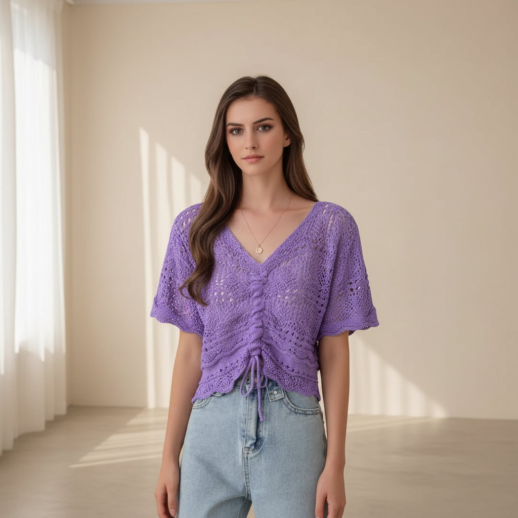 ELNOVÉ V-Neck Hollow Knit Beach Cover-Up