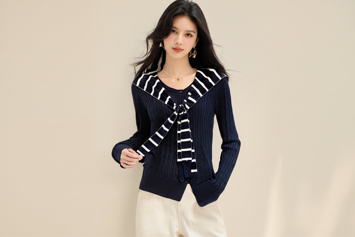 ELNOVÉ Navy Striped Knit Cardigan Set