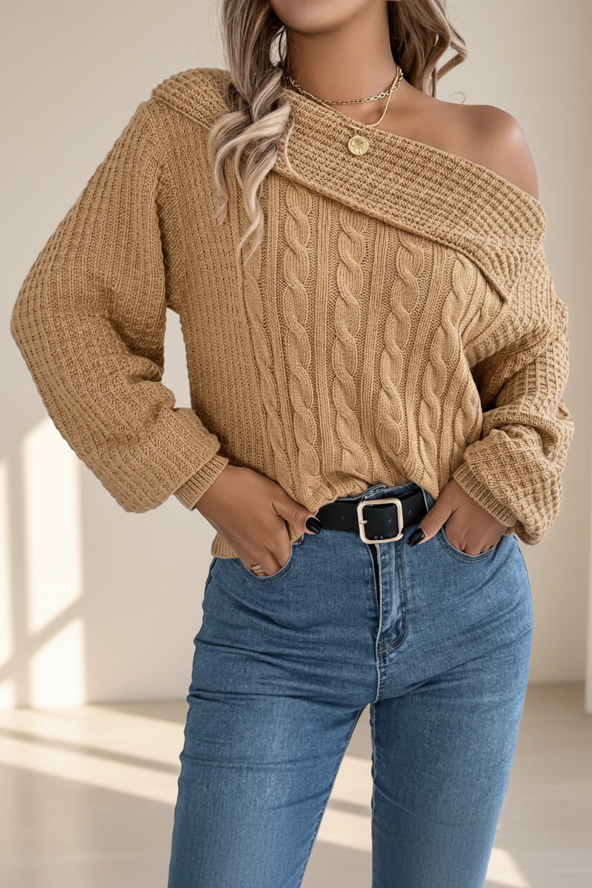 Cable-Knit One-Shoulder Sweater — Front View