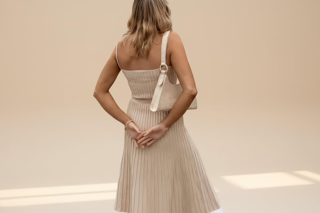 Solid Pleated Knit Slip Dress — detail view