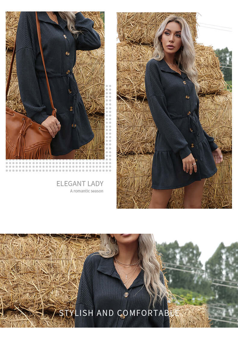 Odette Button-Front A-Line Knit Dress#Color_Blue