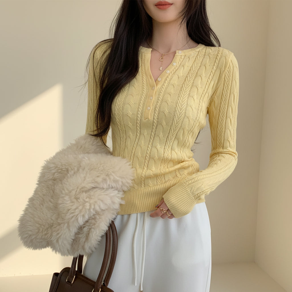 ELNOVÉ Half-Open Neck Cable Knit Sweater