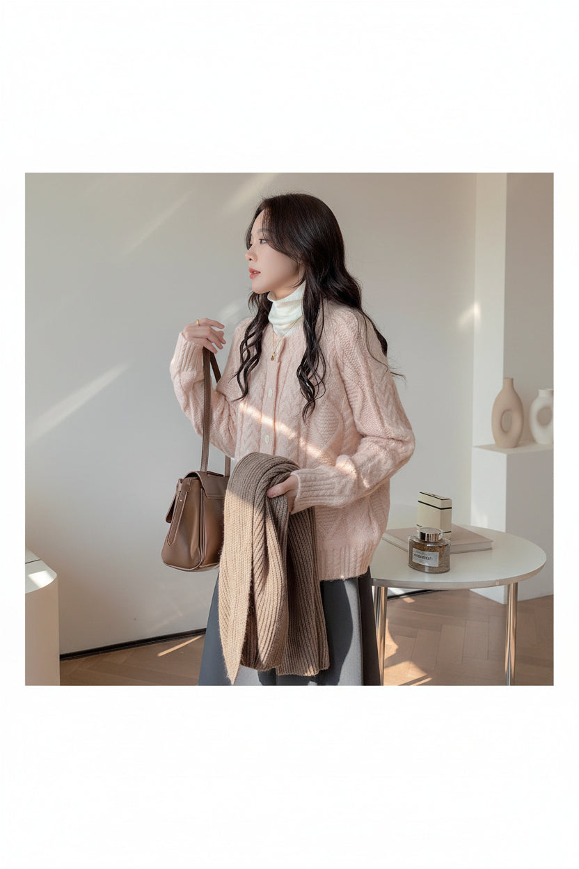 Round Neck Cable Knit Cardigan — Back View