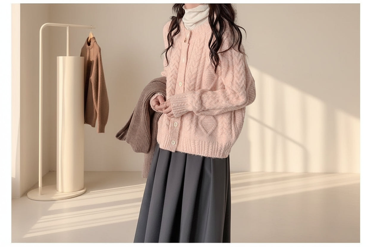 Round Neck Cable Knit Cardigan — Detail View 6