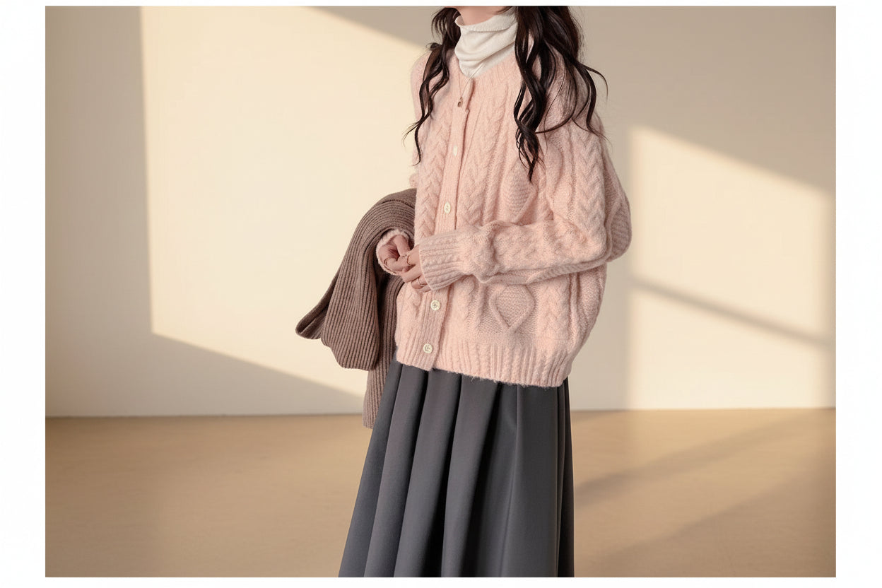 Round Neck Cable Knit Cardigan — Front View