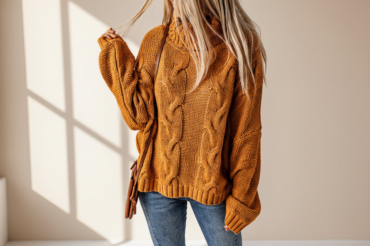 Cable-Knit Handmade Turtleneck Sweater — Detail View 3