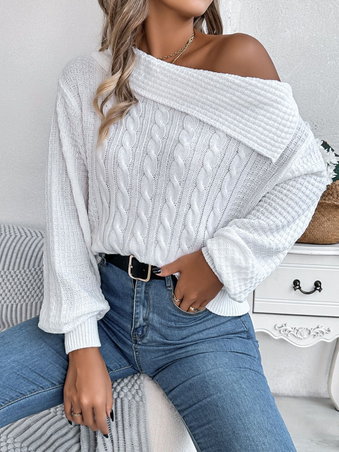 ELNOVÉ Amélie One-Shoulder Cable-Knit Sweater #Color_White