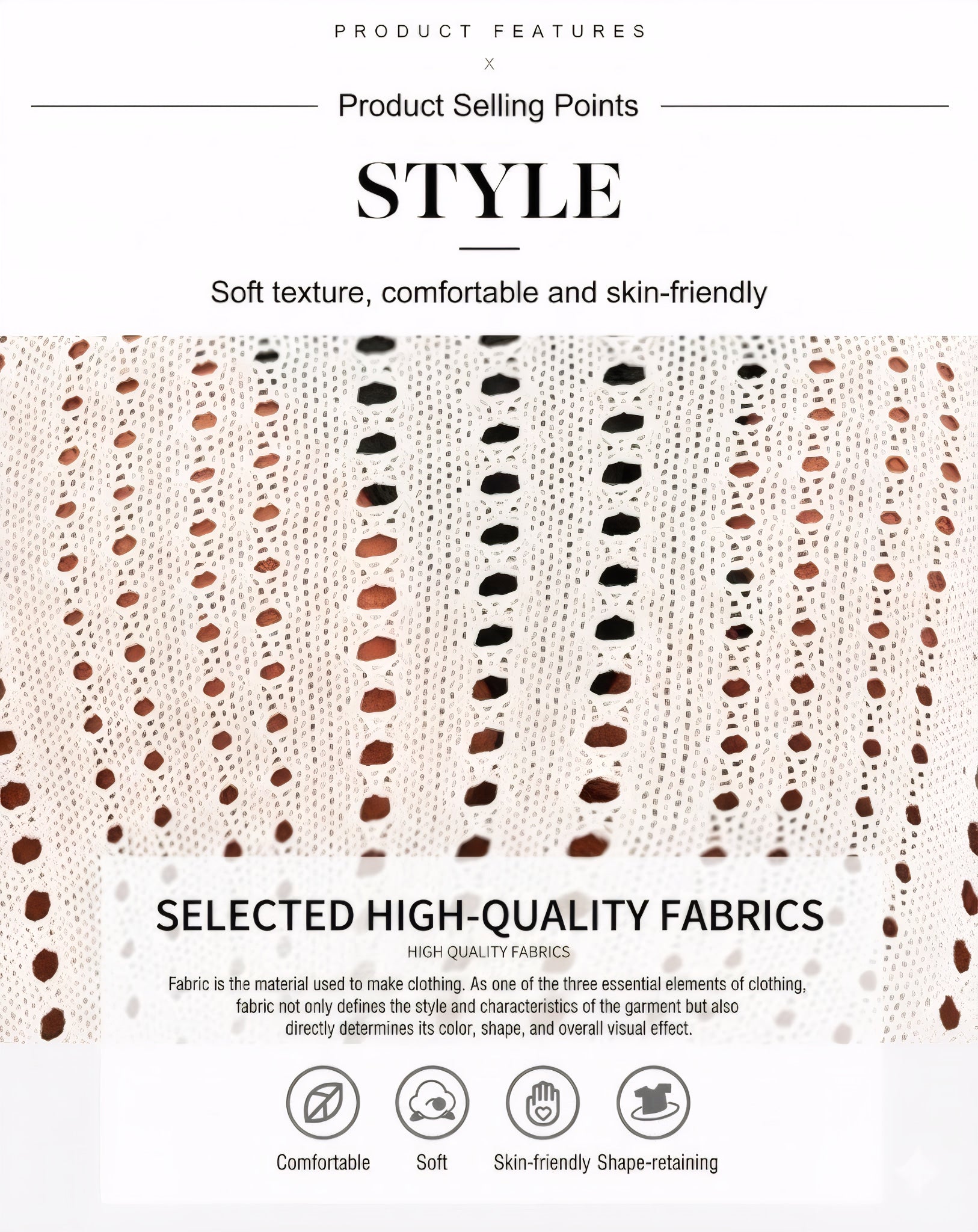 Textured fabric pattern with product features highlighted on a white background