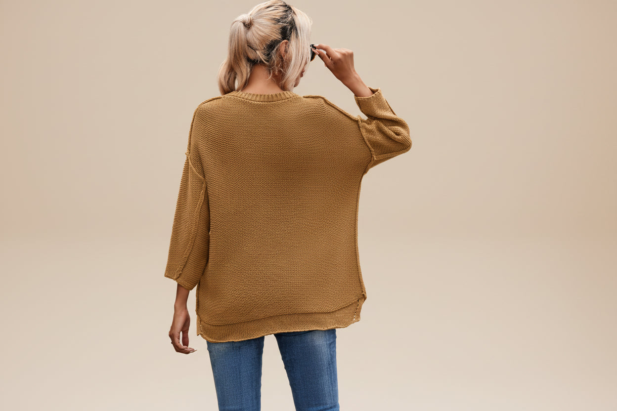 Brown Slouchy Textured Knit Sweater — Front View