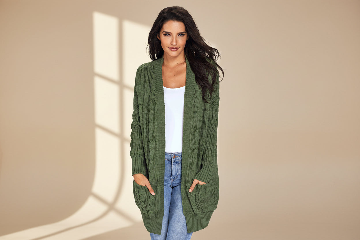 Gray Textured Knit Long Cardigan — Detail View 11