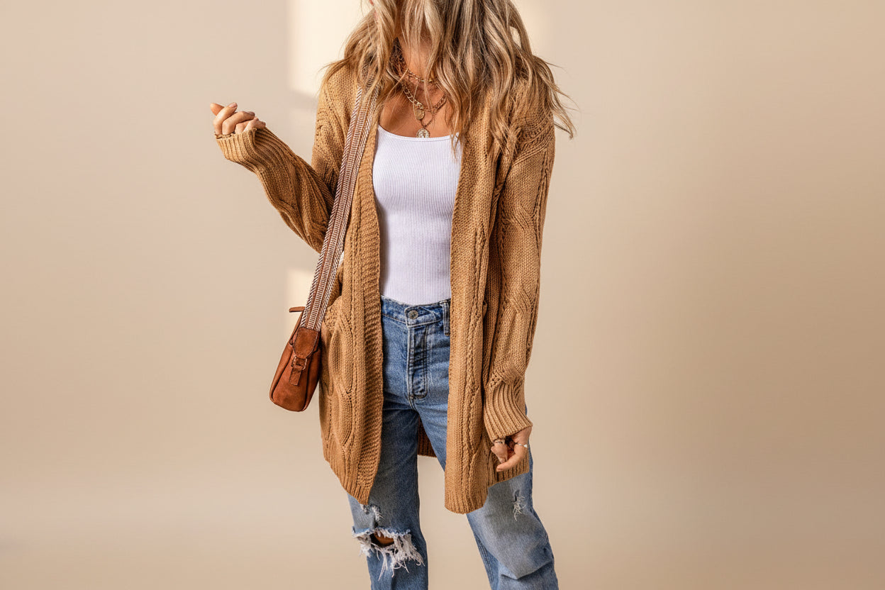 Ribbed Trim Eyelet Cable Knit Cardigan — View 38