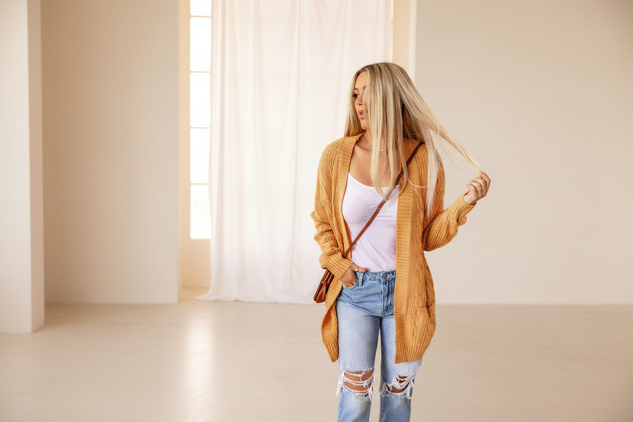 Gray Textured Knit Long Cardigan — Styling Detail