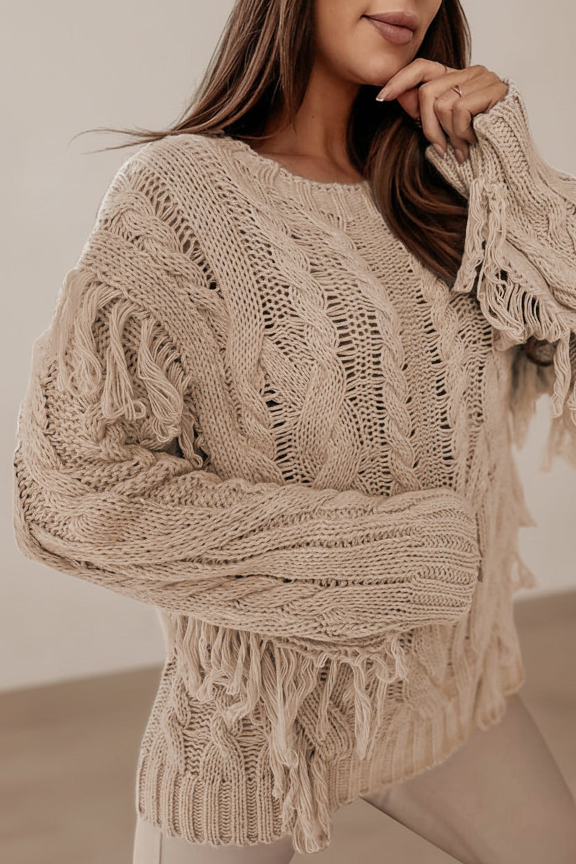 Parchment Tasseled Braided Knit Sweater — Styling Detail