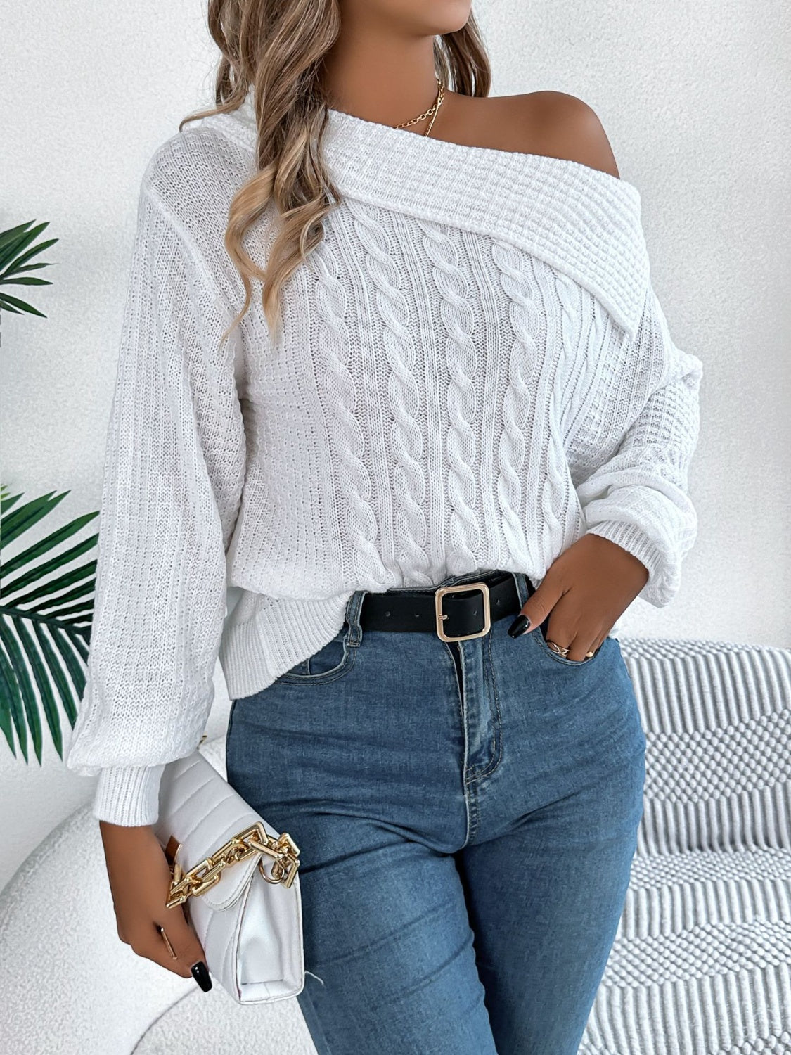 ELNOVÉ Amélie One-Shoulder Cable-Knit Sweater #Color_White