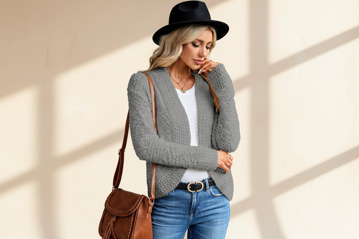 Red Popcorn Knit Open Front Cardigan — Detail View 33