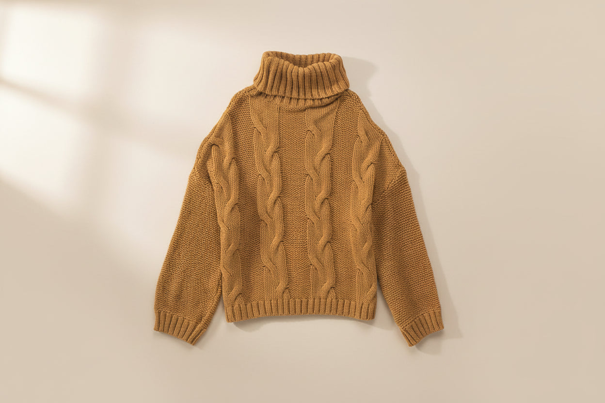 Cable-Knit Handmade Turtleneck Sweater — Detail View 6