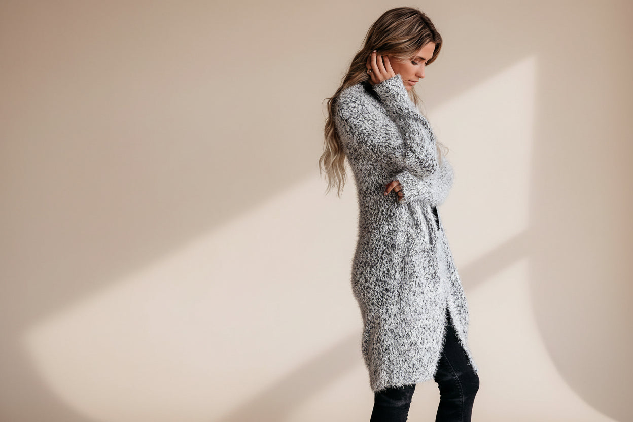 Gray Fuzzy Knit Cardigan with Pockets — Detail View 5