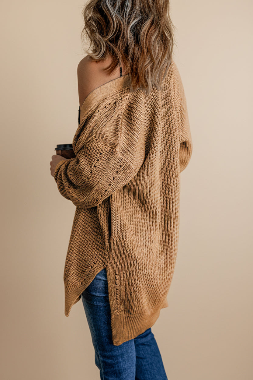 Apricot Cable Knit Drop Sleeve Cardigan — Detail View 1