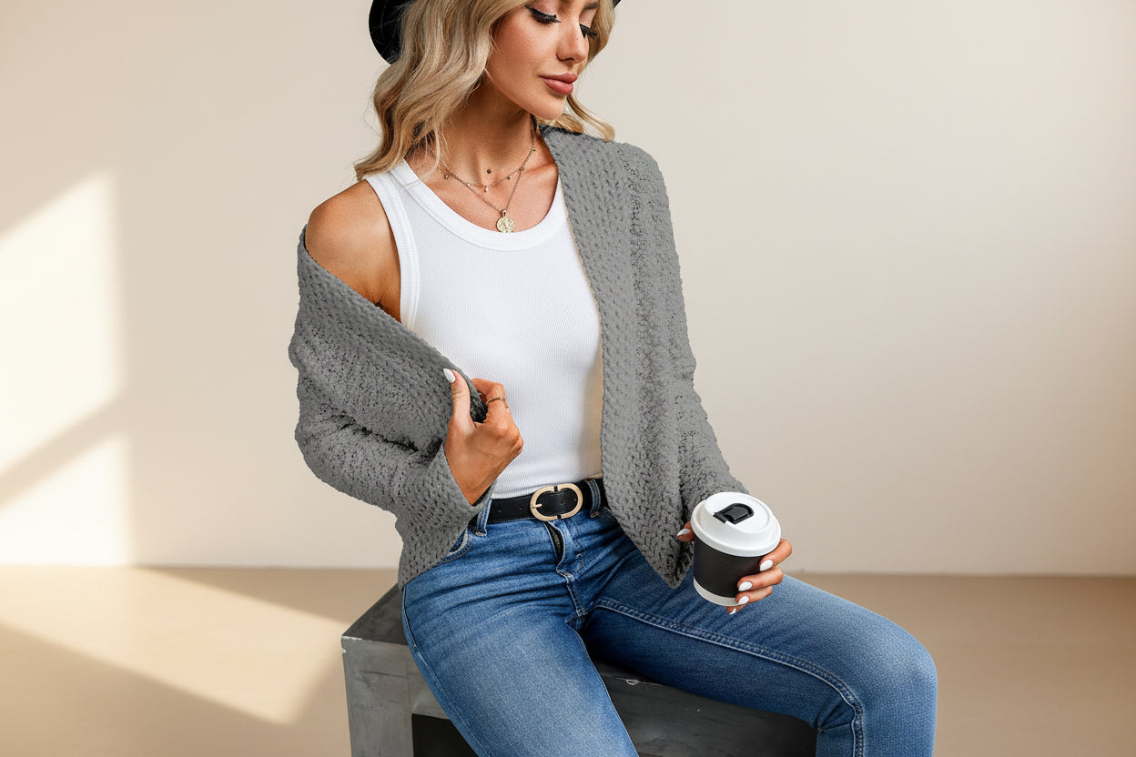 Red Popcorn Knit Open Front Cardigan — Detail View 34