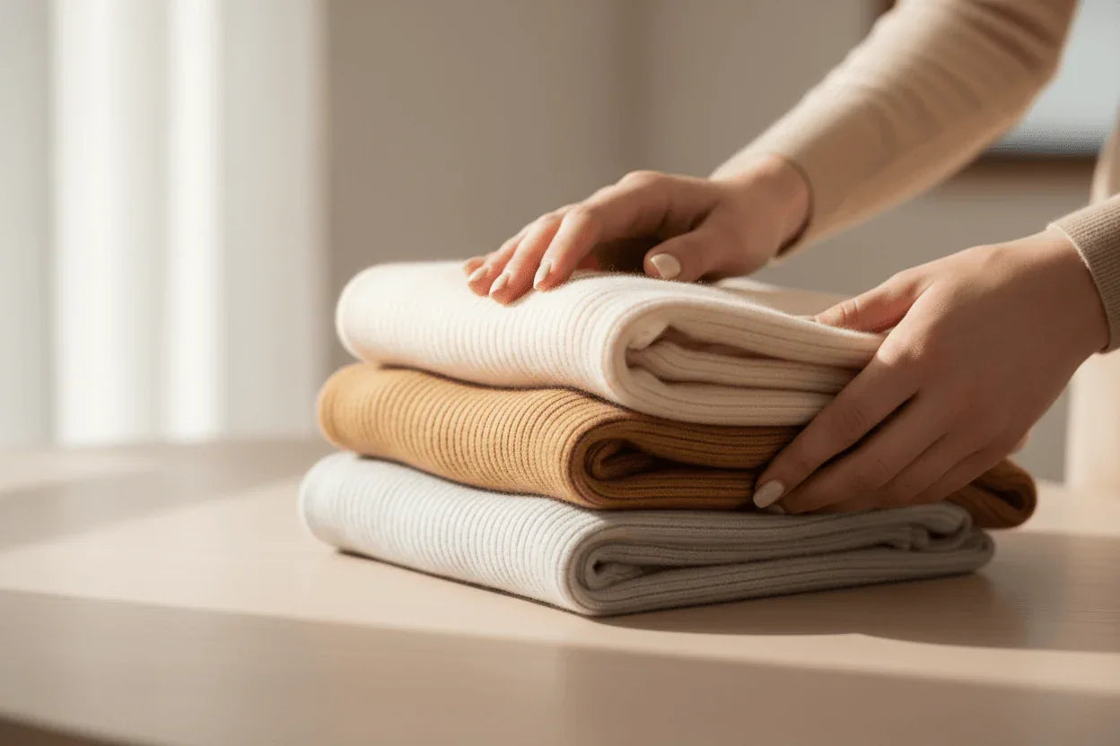 ELNOVÉ close up of a womans hands gently holding folded luxury cashmere knitwear warm neutral tones soft natural light minimal wooden surface high end fashion editorial photography no text n