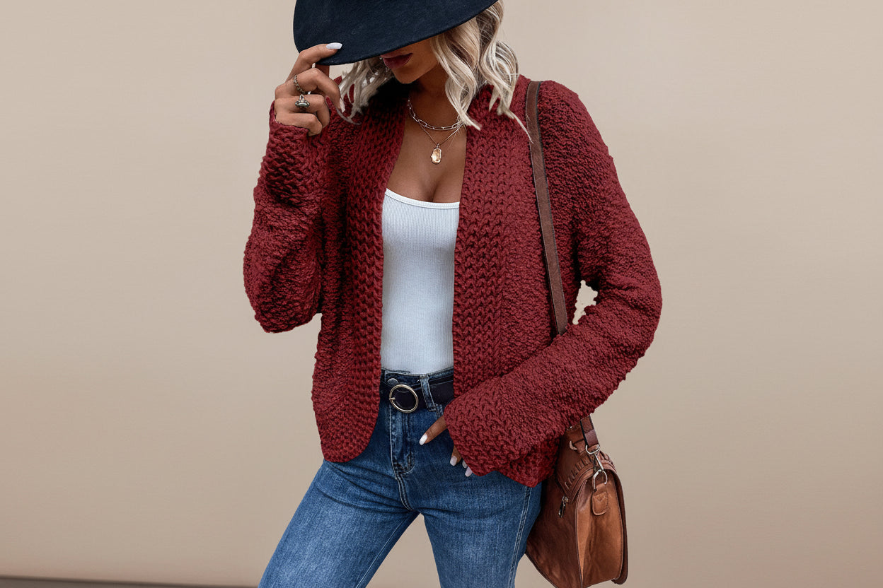 Red Popcorn Knit Open Front Cardigan — Detail View 5